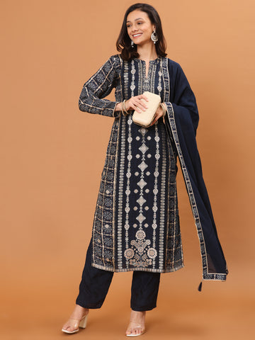 Banarasi Printed Embroidery Kurta With Pants & Dupatta