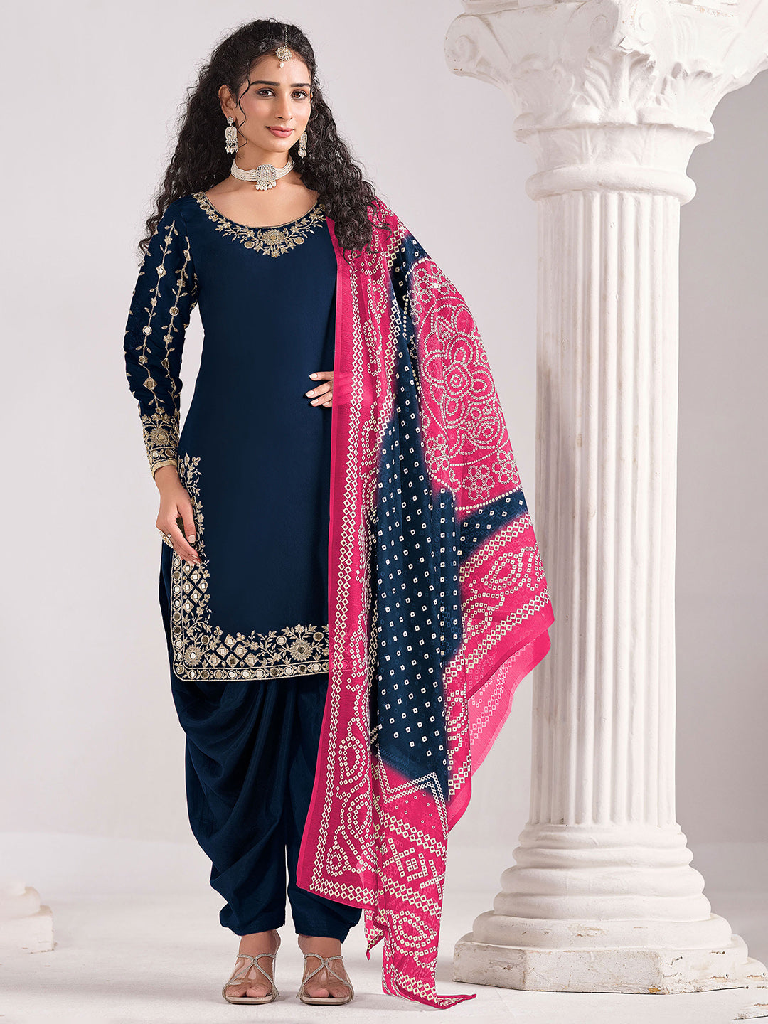 Embroidered Art Silk Semi Stitched Kurta With Patiala Salwar &amp; Dupatta