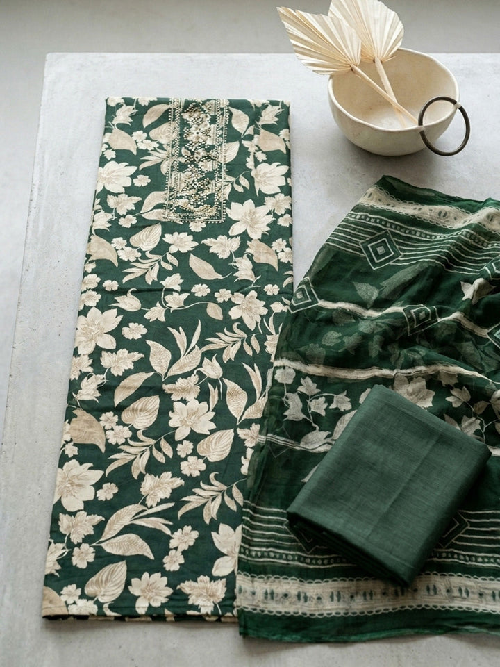 Printed Cotton Blend Unstitched Suit With Pant &amp; Dupatta