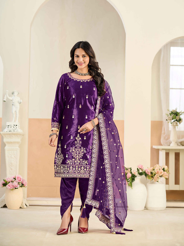 Embroidered Velvet Semi Stitched Kurta With Skirt &amp; Dupatta