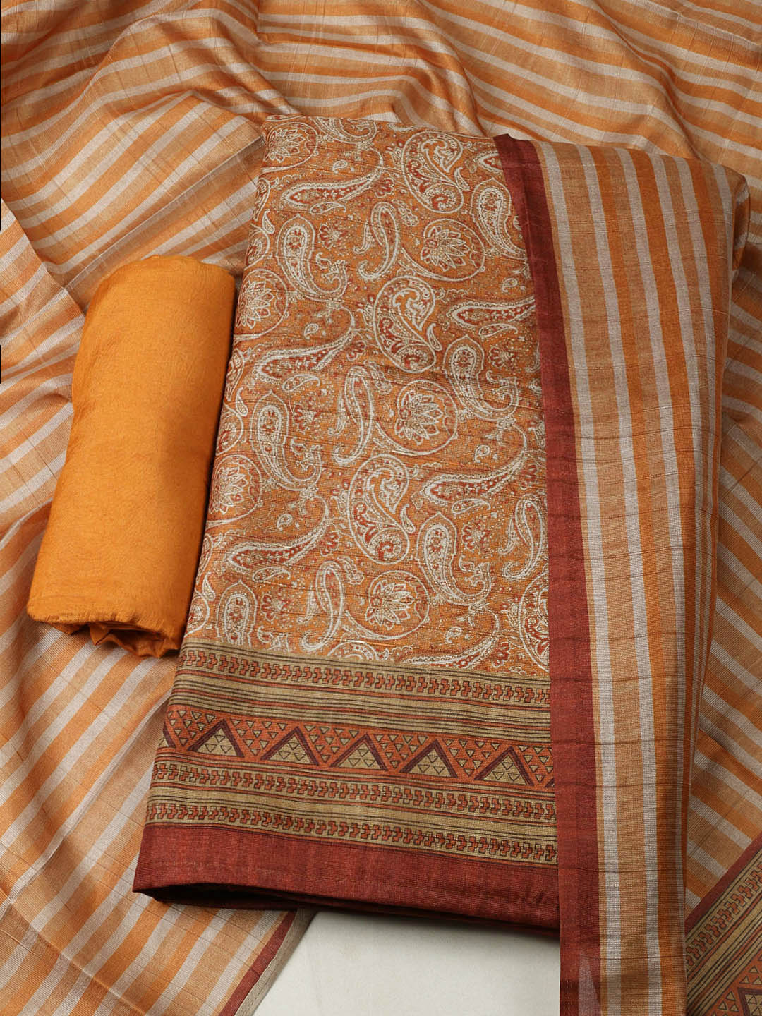 Printed Chanderi Unstitched Suit With Pant &amp; Dupatta