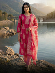 Printed Cotton Blend Kurta With Pant & Dupatta