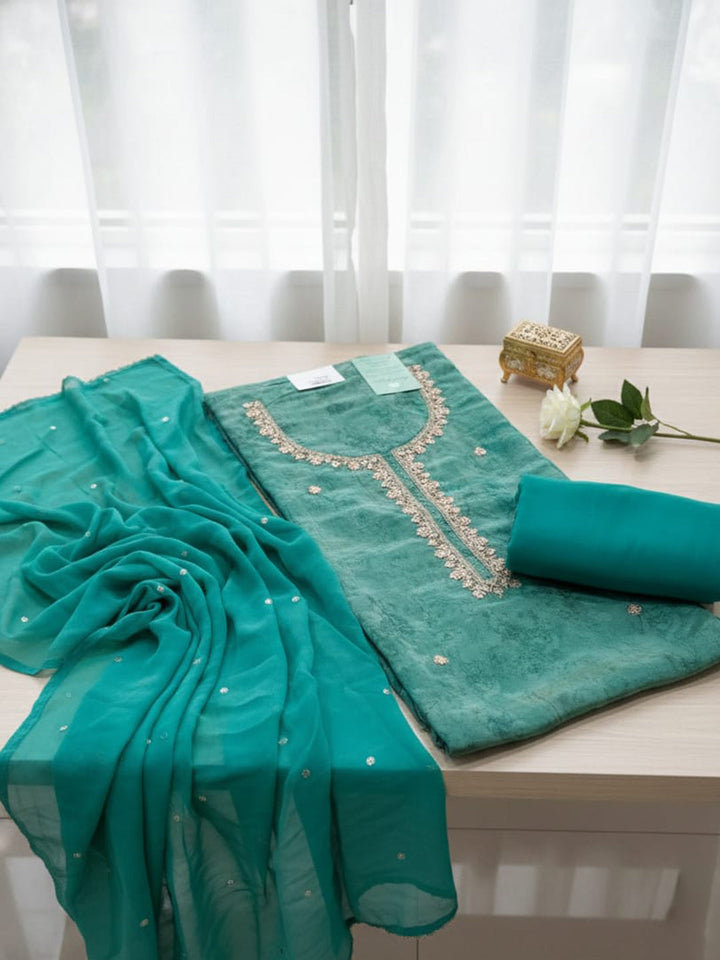 Embroidered Chanderi Unstitched Suit With Pant &amp; Dupatta
