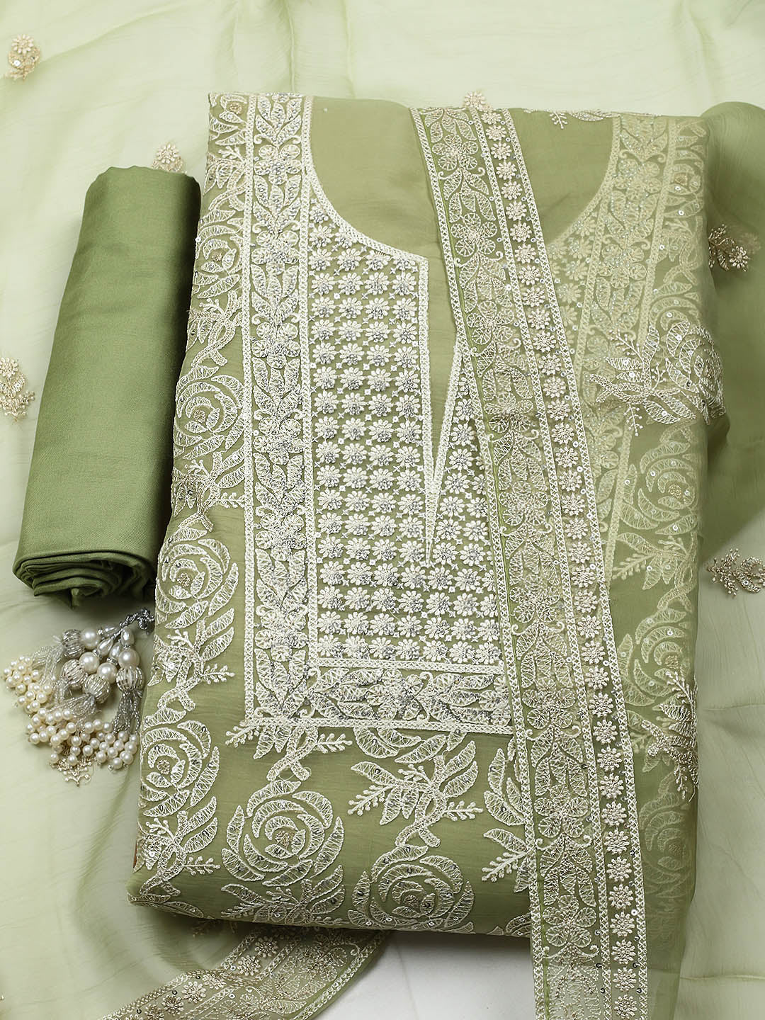 Embroidered Organza Unstitched Suit With Pant &amp; Dupatta