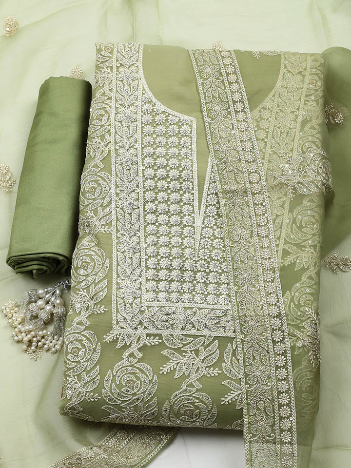Embroidered Organza Unstitched Suit With Pant &amp; Dupatta