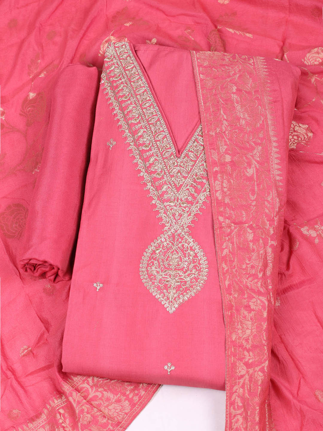 Embroidered Chanderi Unstitched Suit With Pant &amp; Dupatta