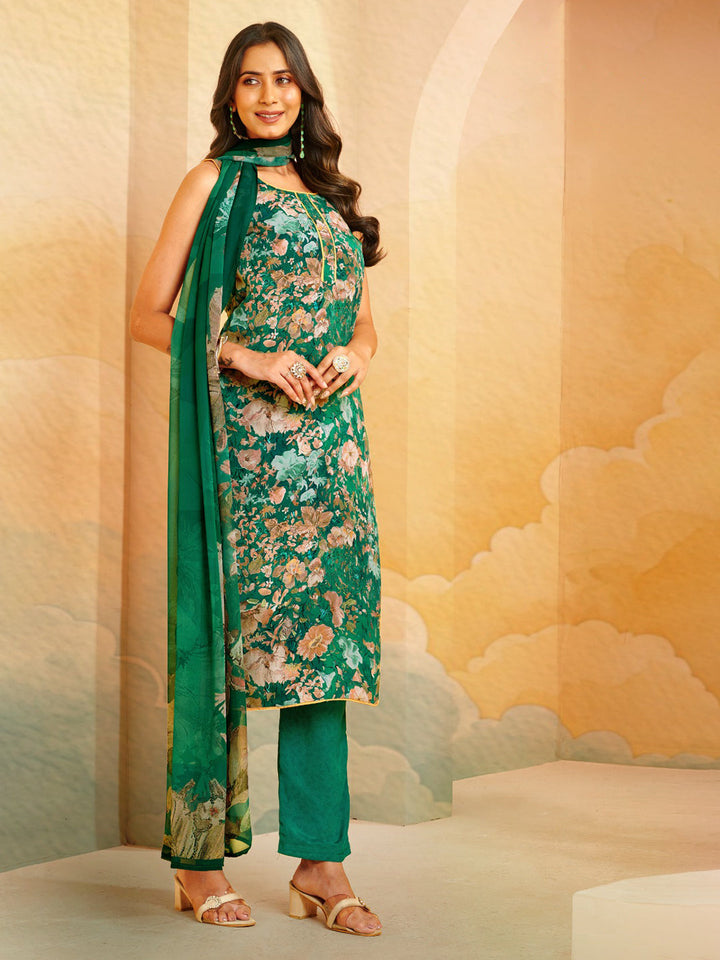 Printed Crepe Unstitched Suit With Pant &amp; Dupatta