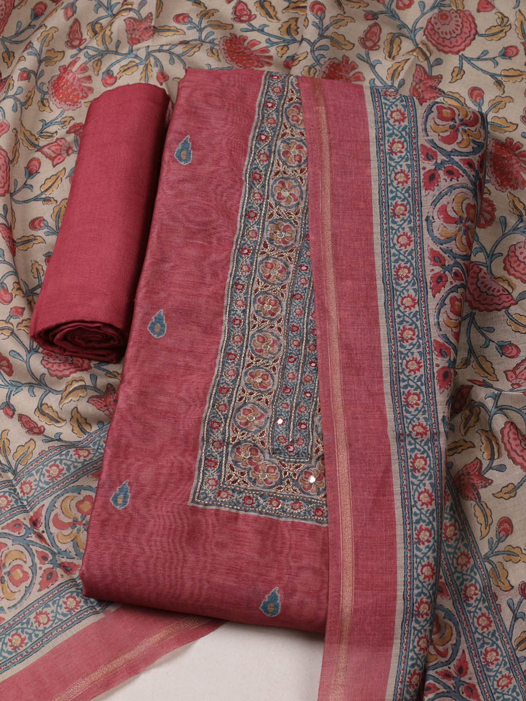 Printed Chanderi Unstitched Suit With Pant &amp; Dupatta
