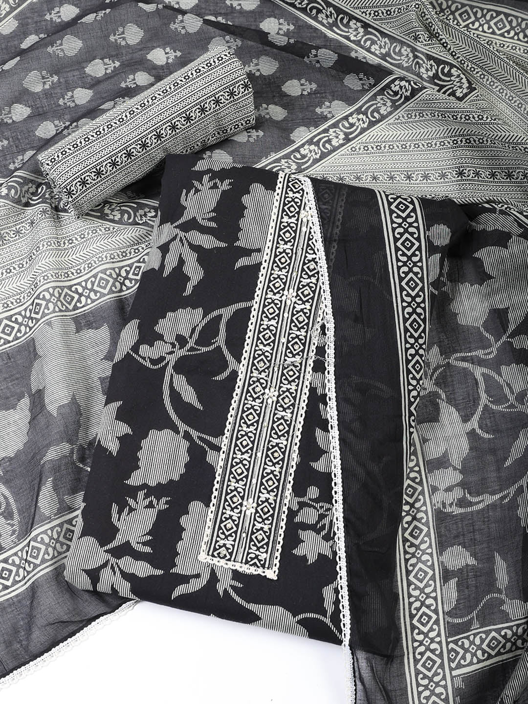 Printed Cotton Blend Unstitched Suit With Dupatta