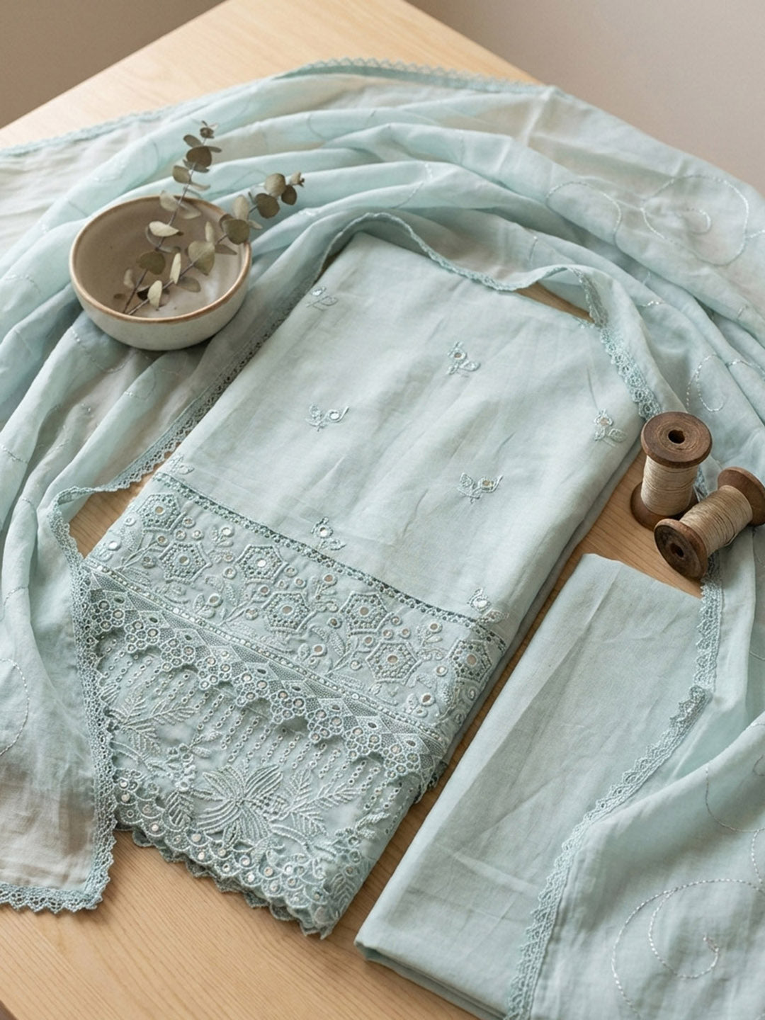Printed Cotton Blend Unstitched Suit With Pant &amp; Dupatta