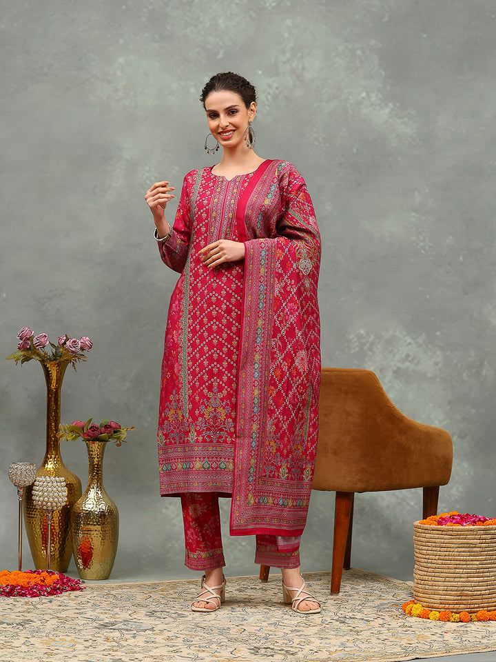 Printed Chanderi Kurta With Pant &amp; Dupatta