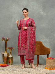 Printed Chanderi Kurta With Pant & Dupatta
