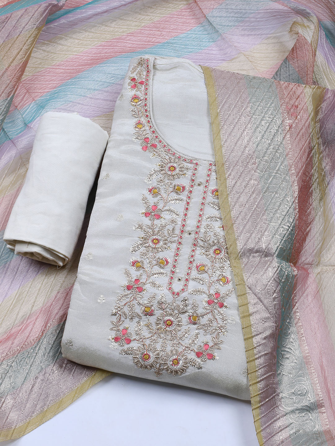 Neck Embroidered Chanderi Unstitched Suit With Dupatta