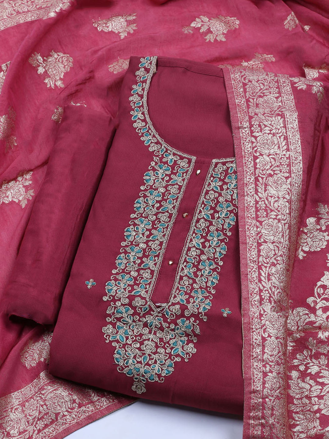 Neck Embroidered Cotton Blend Unstitched Suit With Dupatta