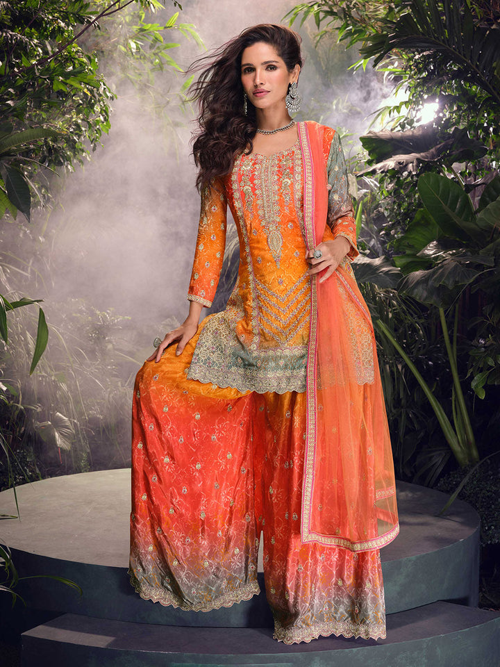 Embroidered Chinon Suit With Pant &amp; Dupatta