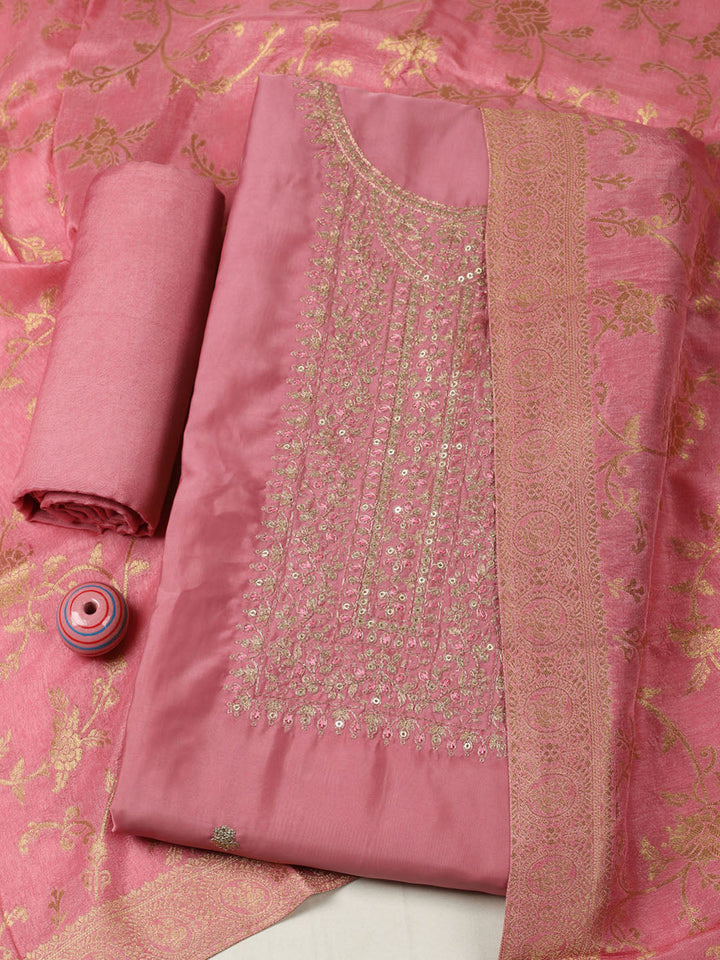 Embroidered Chanderi Unstitched Suit With Pant &amp; Dupatta