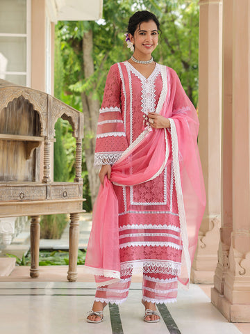 Embroidered Cotton Kurta With Pants & Dupatta