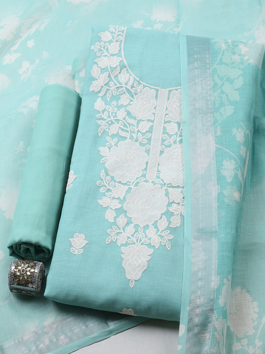 Embroidered Linen Blend Unstitched Suit With Pant &amp; Dupatta