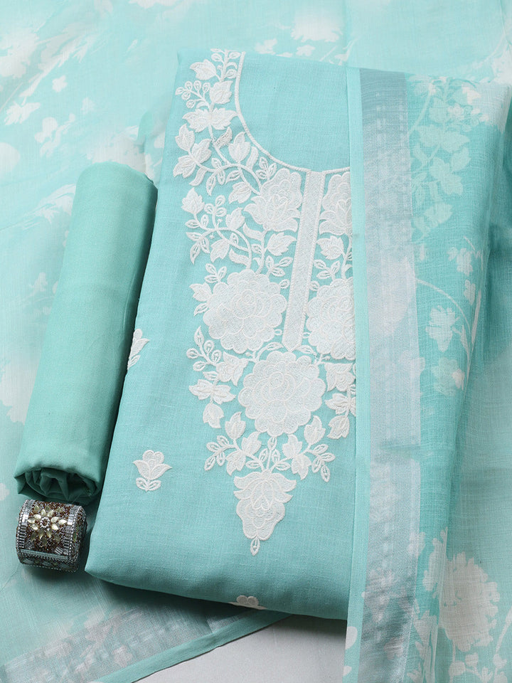 Embroidered Linen Blend Unstitched Suit With Pant &amp; Dupatta