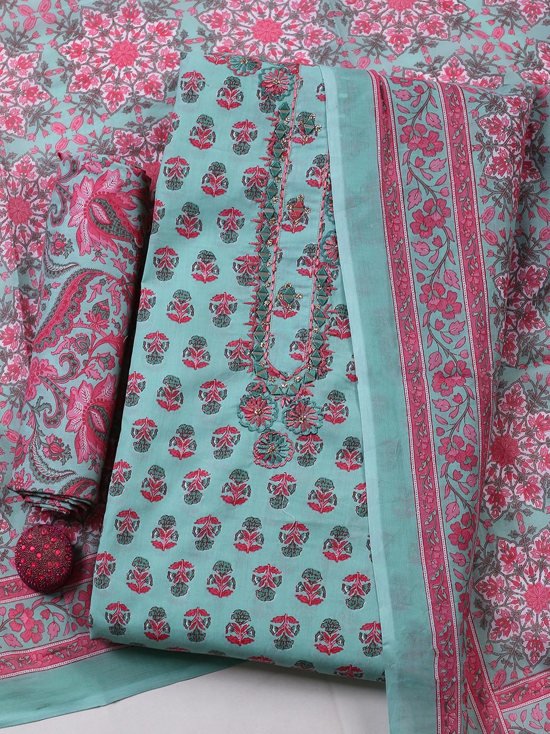 Embellished Cotton Blend Unstitched Suit With Pant &amp; Dupatta