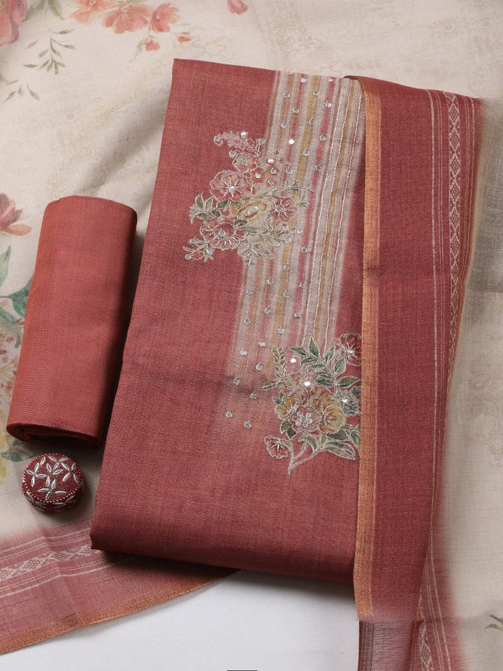 Embroidered Tissue Unstitched Suit With Pant &amp; Dupatta