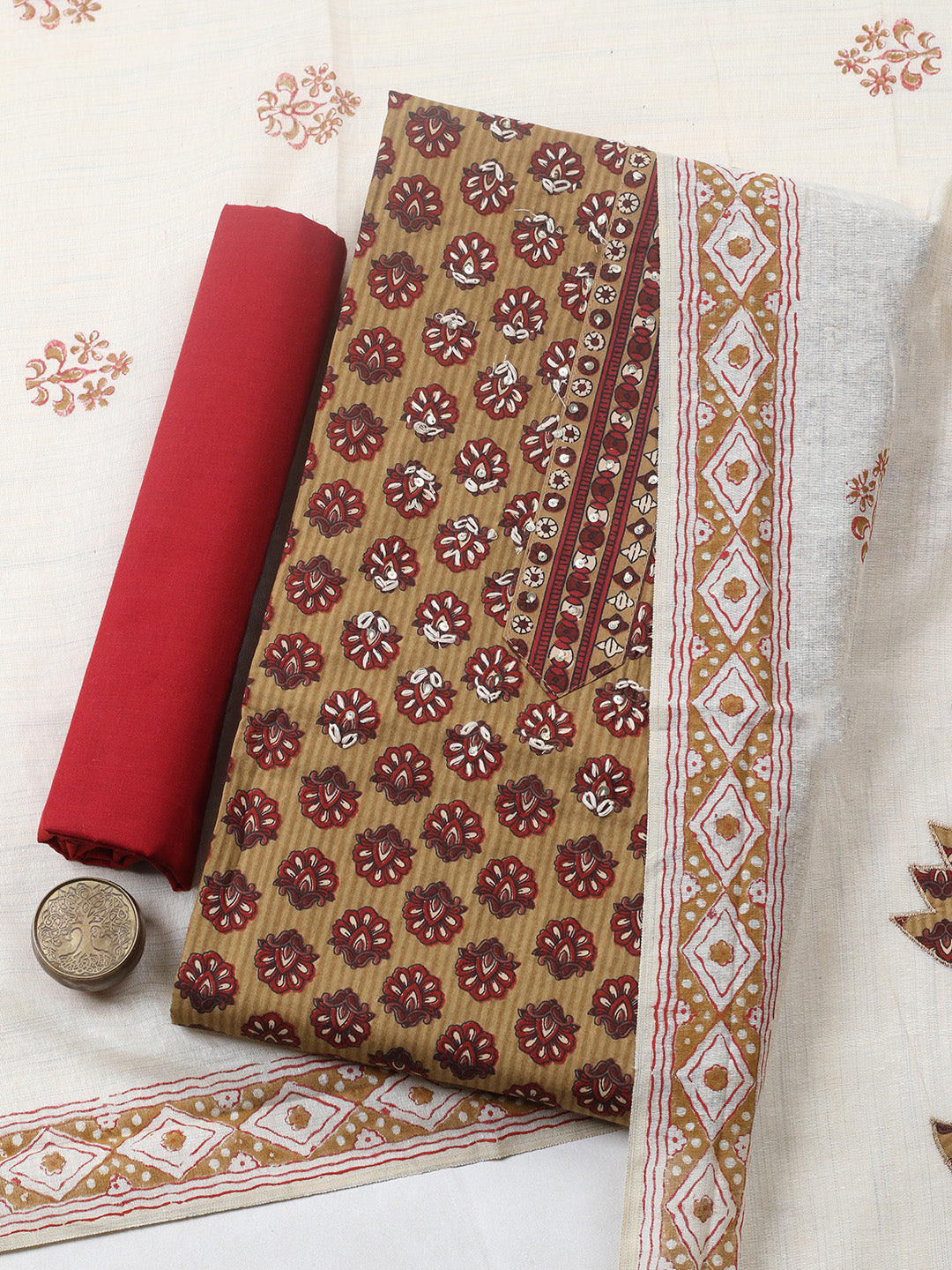 Printed Cotton Blend Unstitched Suit With Pant &amp; Dupatta