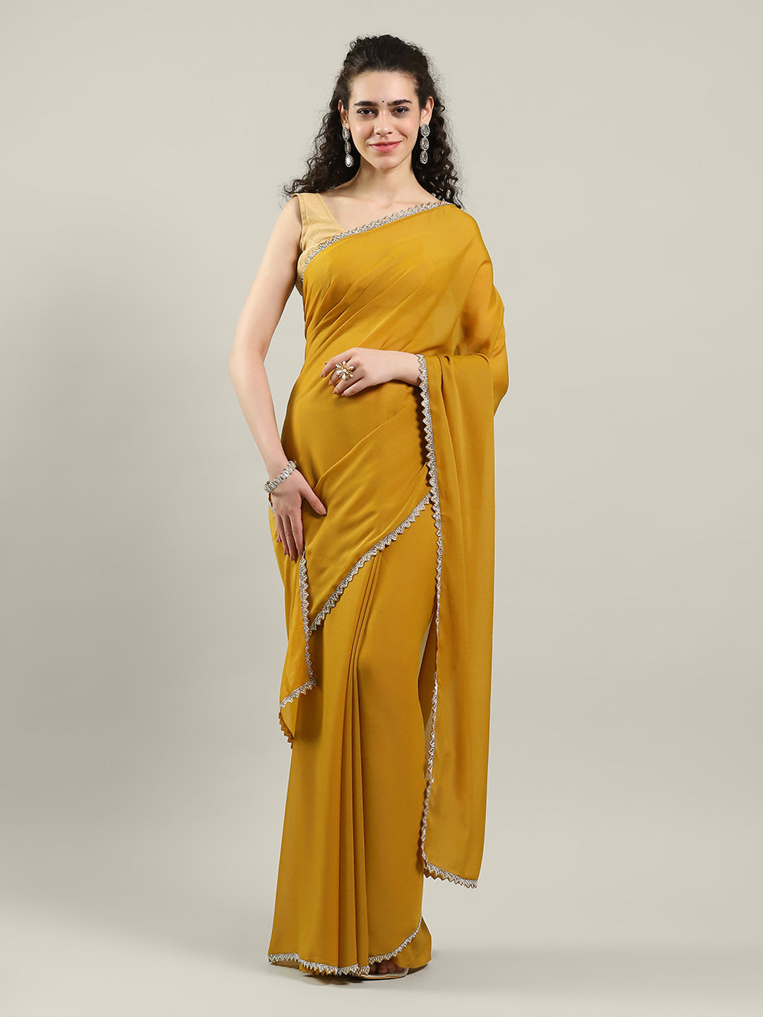 Plain Lace Border Georgette Saree