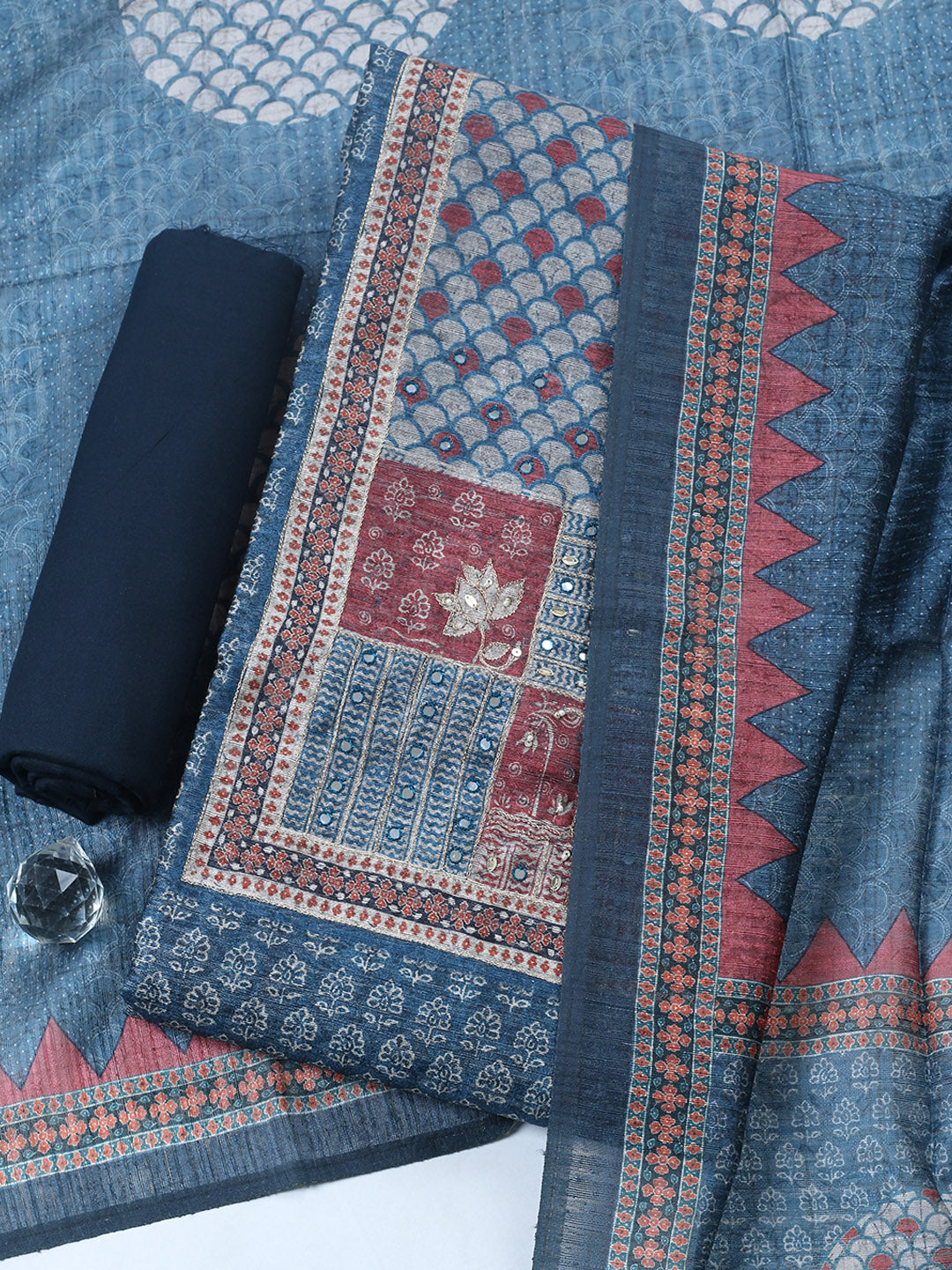 Embroidered Chanderi Unstitched Suit With Pant &amp; Dupatta