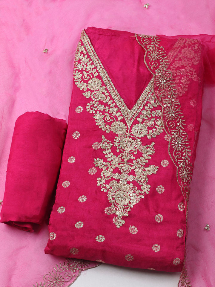 Embroidered Chanderi Unstitched Kurta With Pant &amp; Dupatta