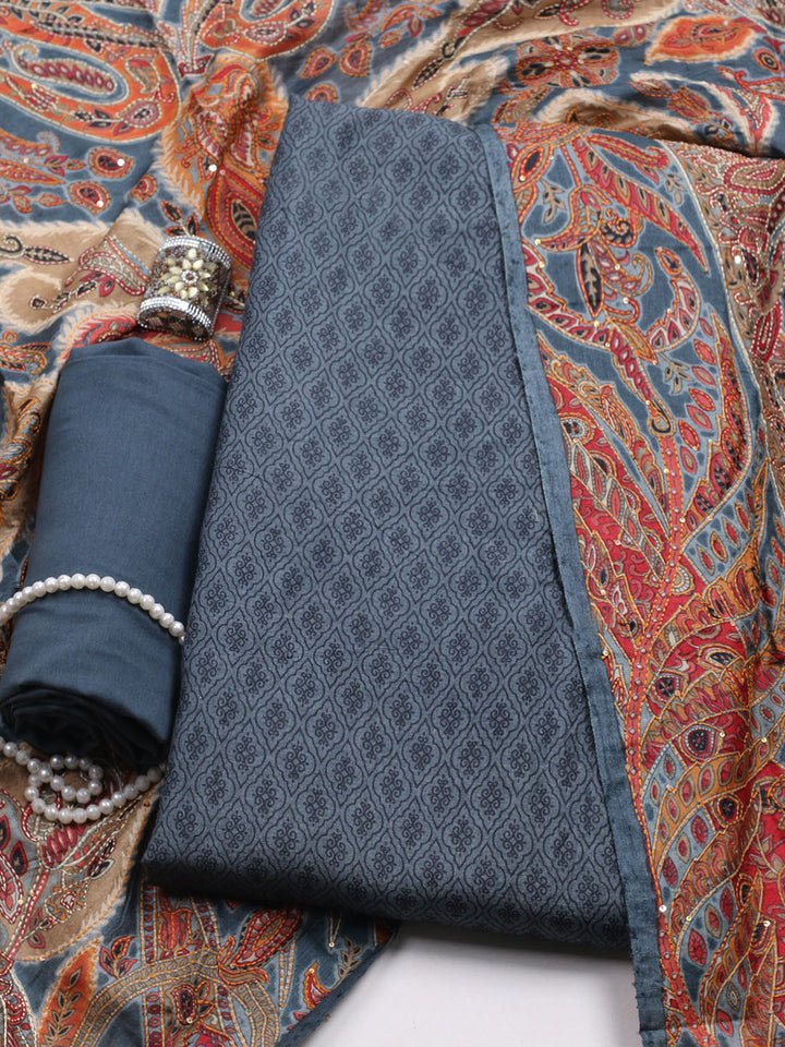 Printed Tussar Unstitched Kurta With Pant &amp; Dupatta