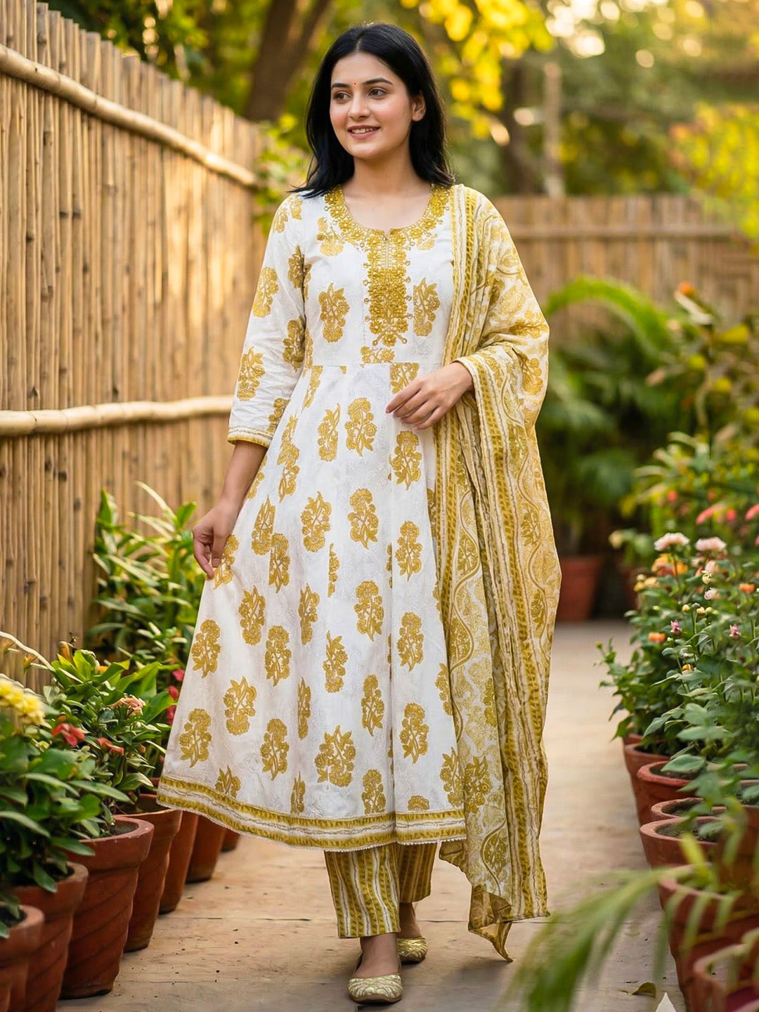 Printed Cotton Blend Suit With Pant &amp; Dupatta