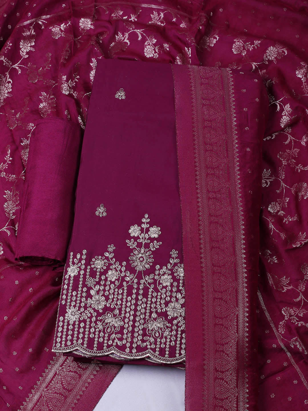 Embroidered Chanderi Unstitched Suit With Pant &amp; Dupatta