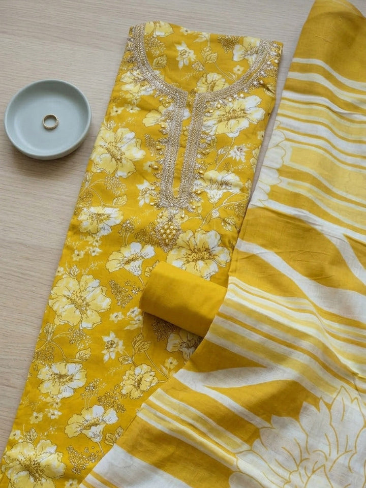 Embroidered Cotton Blend Unstitched Suit With Pant &amp; Dupatta