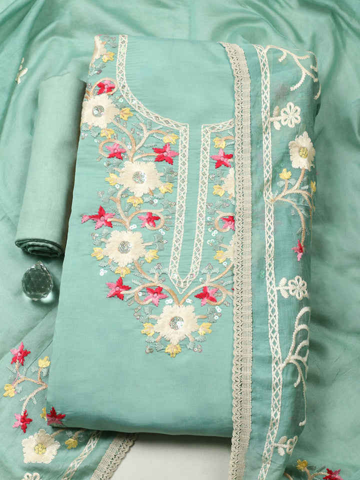 Embroidered Chanderi Unstitched Suit With Pant &amp; Dupatta