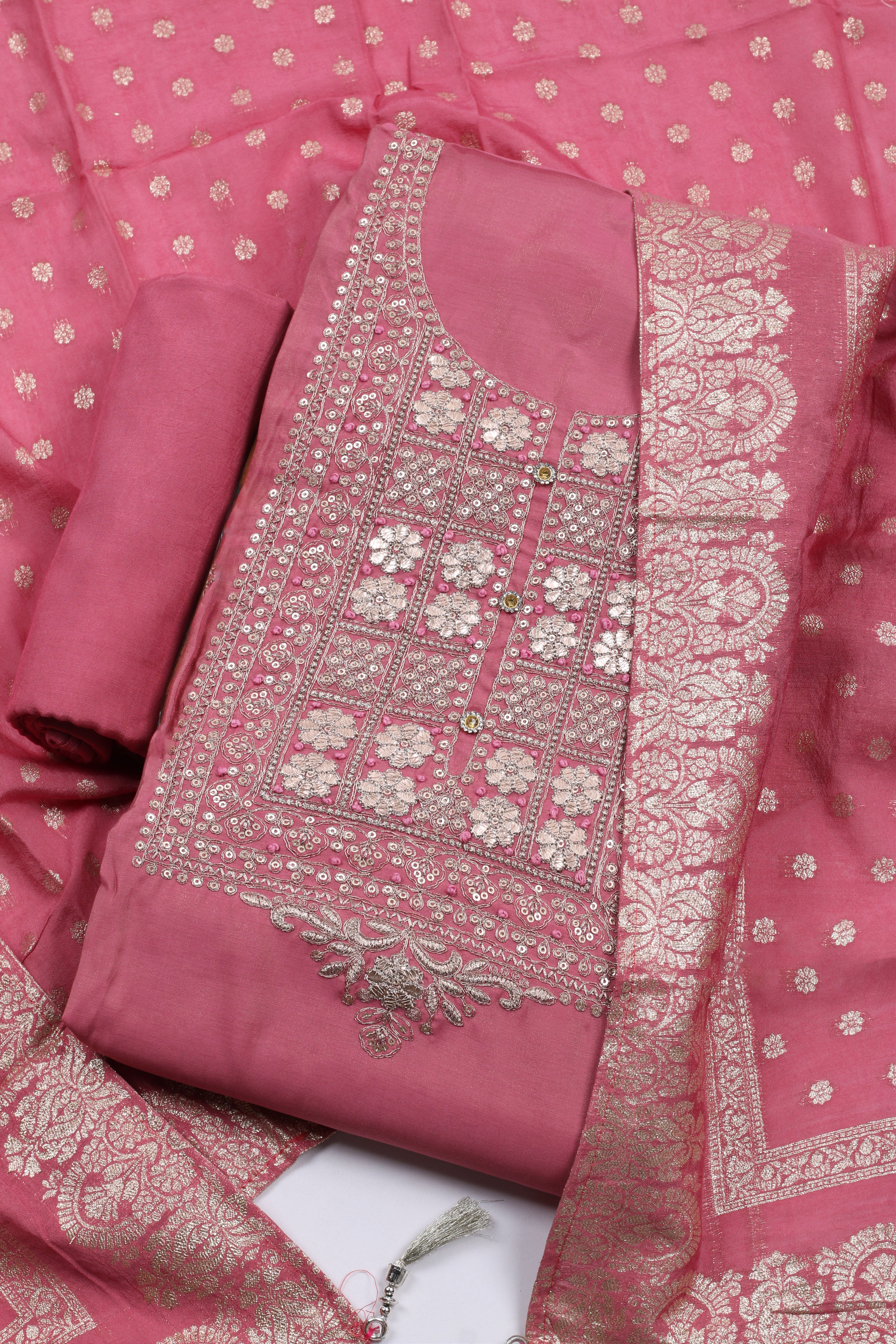 Neck Embroidered Chanderi Unstitched Suit With Dupatta