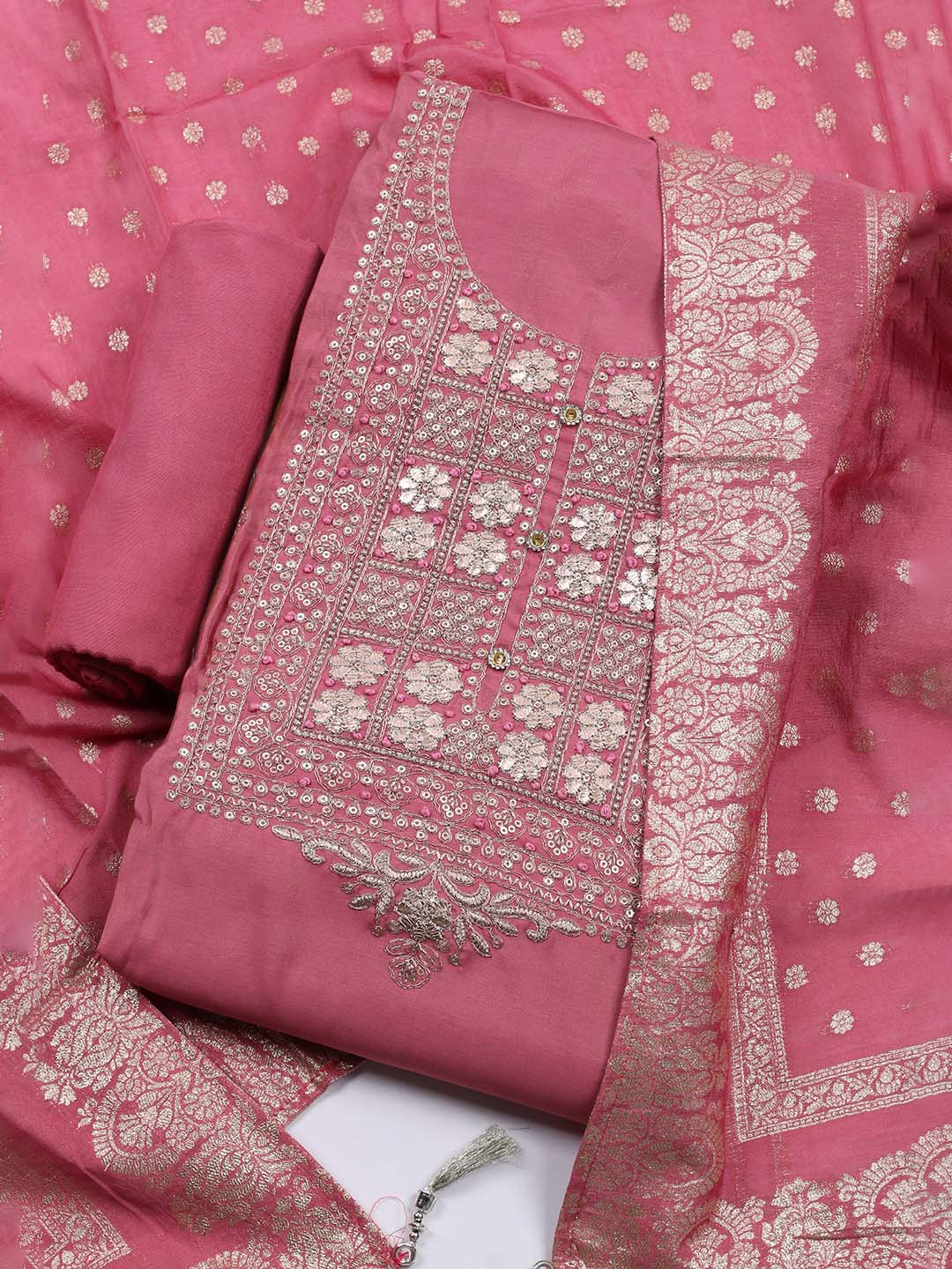 Neck Embroidered Chanderi Unstitched Suit With Dupatta