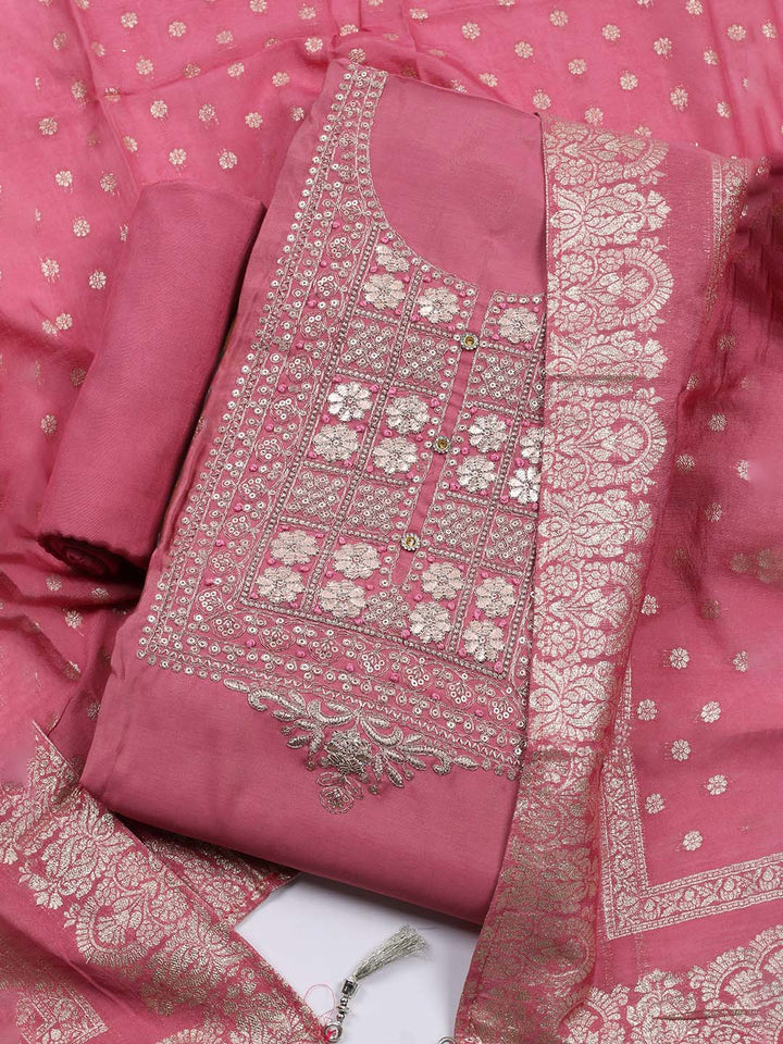 Neck Embroidered Chanderi Unstitched Suit With Dupatta