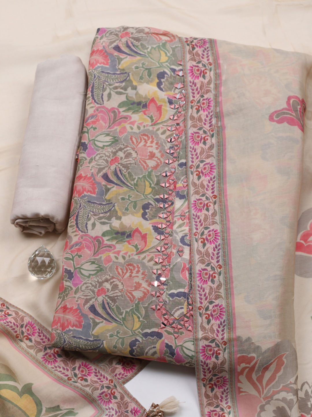 Embellished Muslin Unstitched Suit With Pant &amp; Dupatta