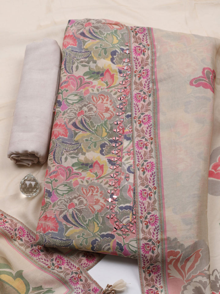 Embellished Muslin Unstitched Suit With Pant &amp; Dupatta
