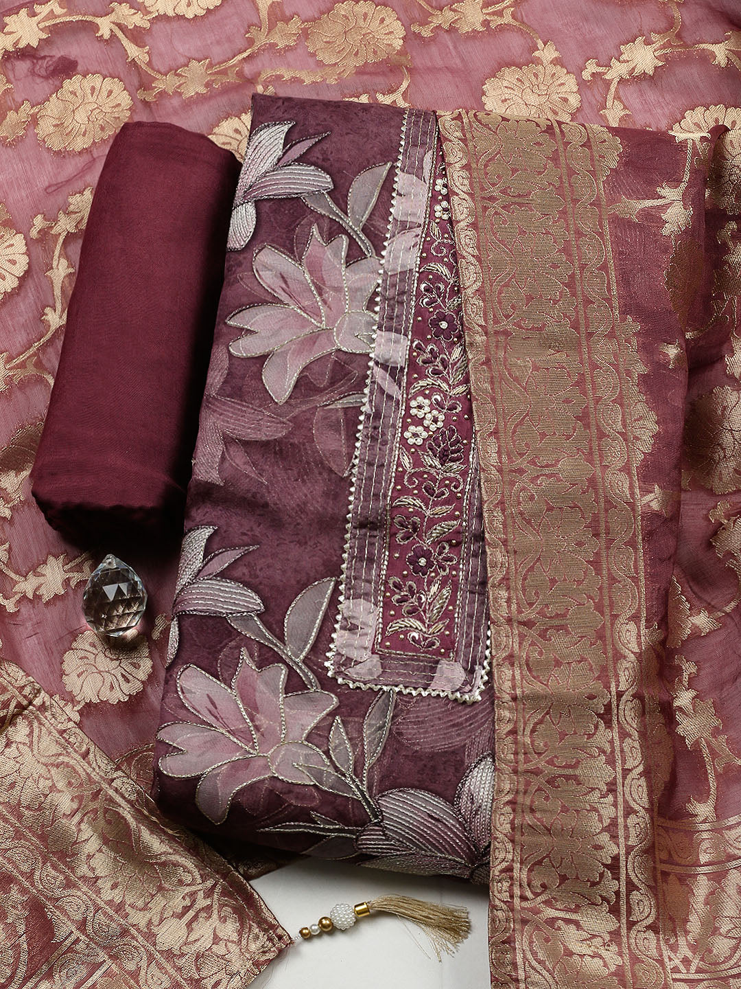 Embroidered Organza Unstitched Suit With Pant &amp; Dupatta
