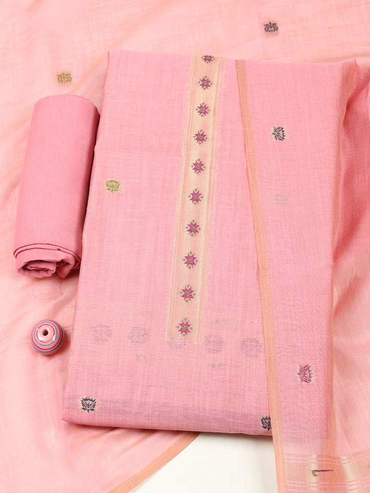 Embroidered Chanderi Unstitched Suit With Pant &amp; Dupatta
