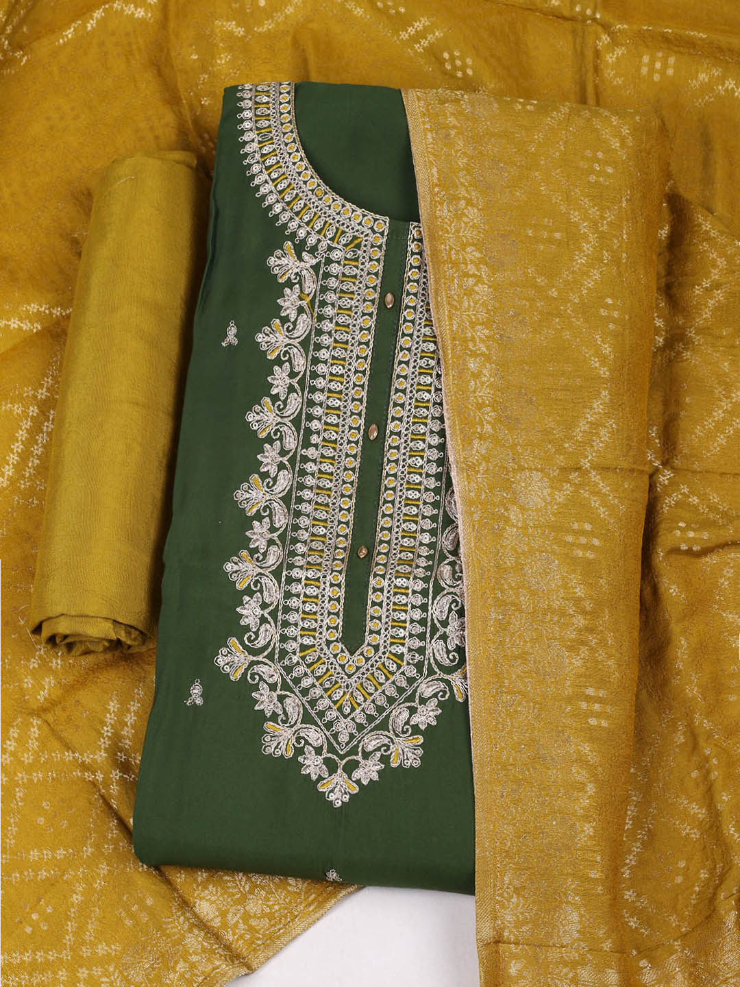 Embroidered Chanderi Unstitched Suit With Pant &amp; Dupatta