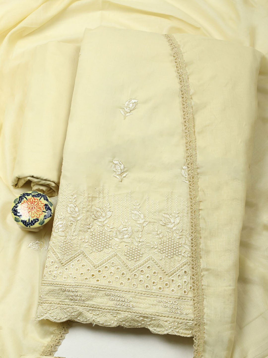 Embroidered Chanderi Unstitched Suit With Pant &amp; Dupatta