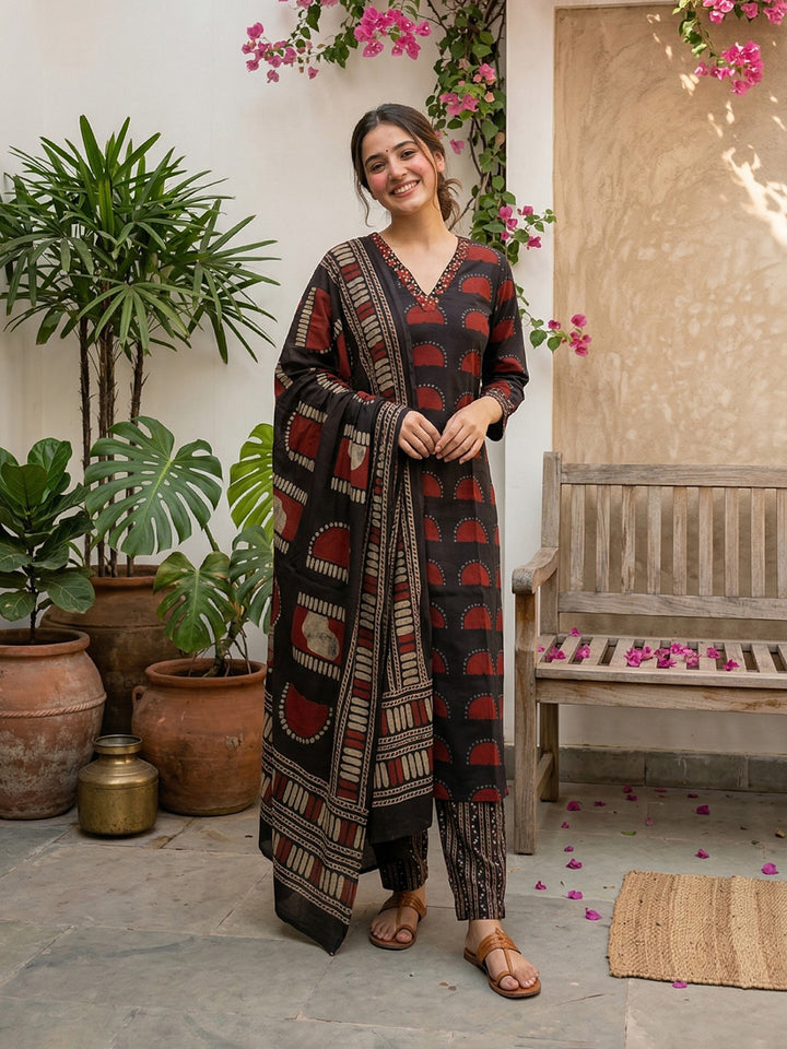 Black Embroidered Cotton Blend Straight Suit Set With Dupatta