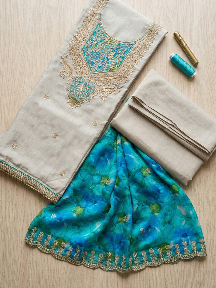 Embroidered Chanderi Unstitched Suit With Pant &amp; Dupatta