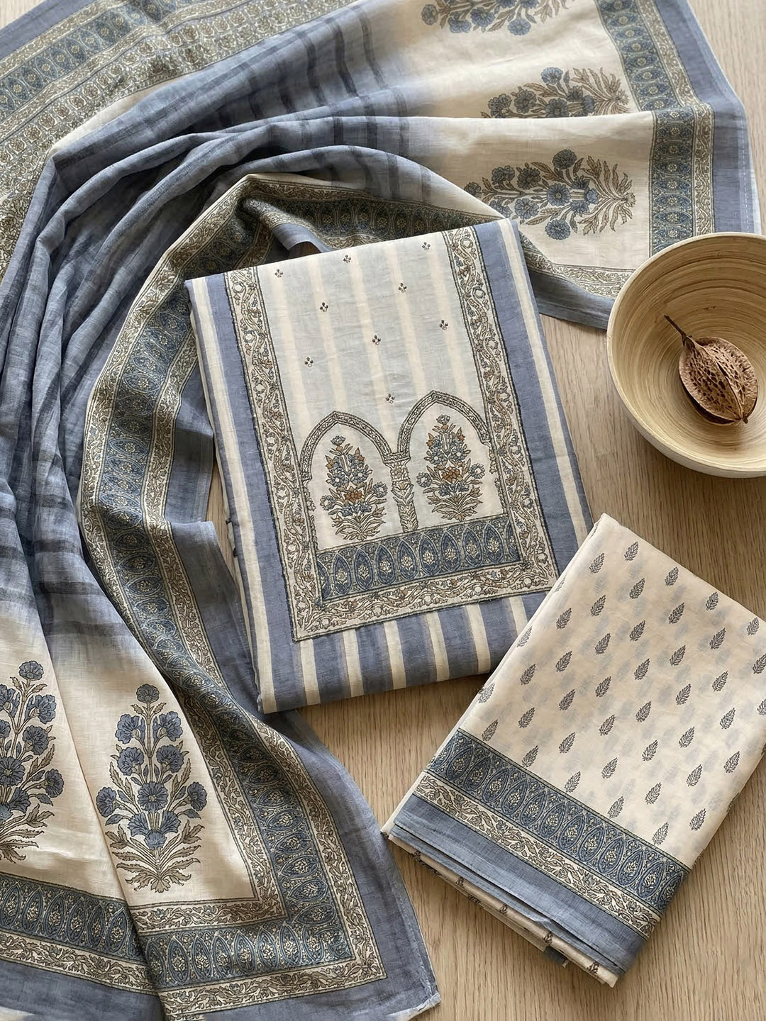 Printed Cotton Blend Unstitched Suit With Pant &amp; Dupatta