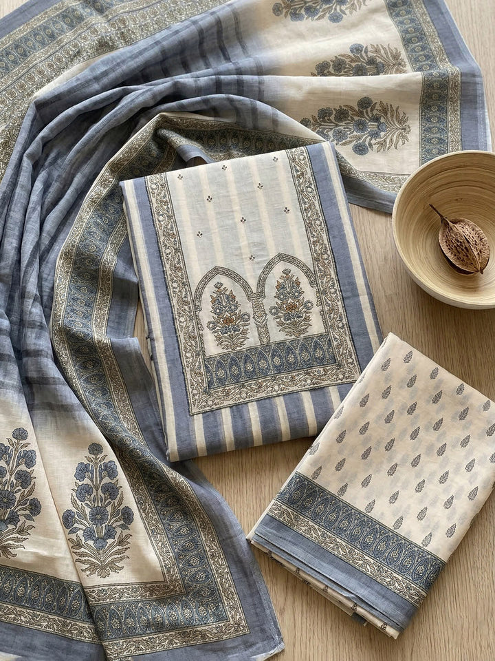 Printed Cotton Blend Unstitched Suit With Pant &amp; Dupatta