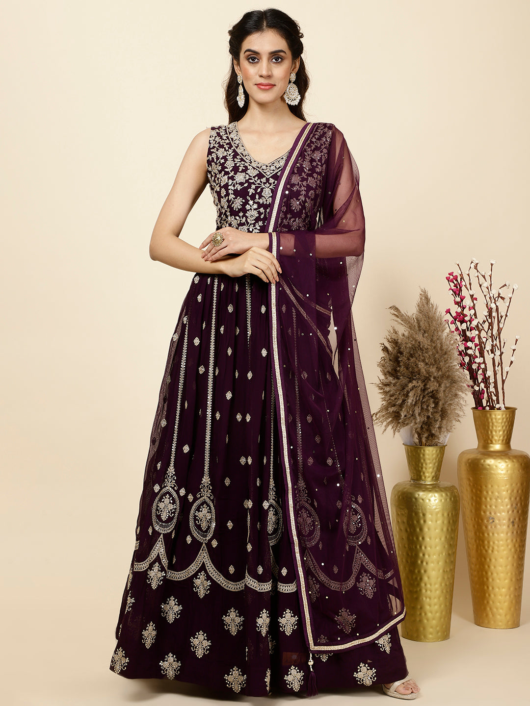 Zari Booti Embroidered Georgette Kurta With Churidar & Dupatta