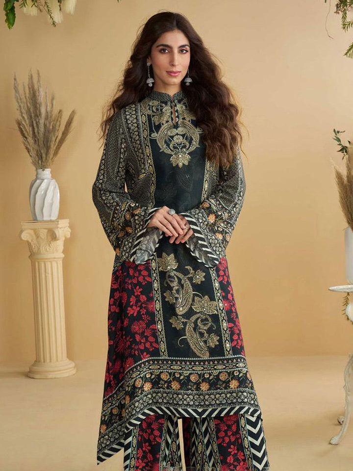 Embroidered Crepe Kurta With Plazzo &amp; Dupatta