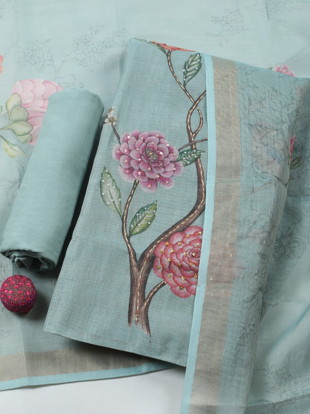 Printed Linen Blend Unstitched Suit With Pant &amp; Dupatta